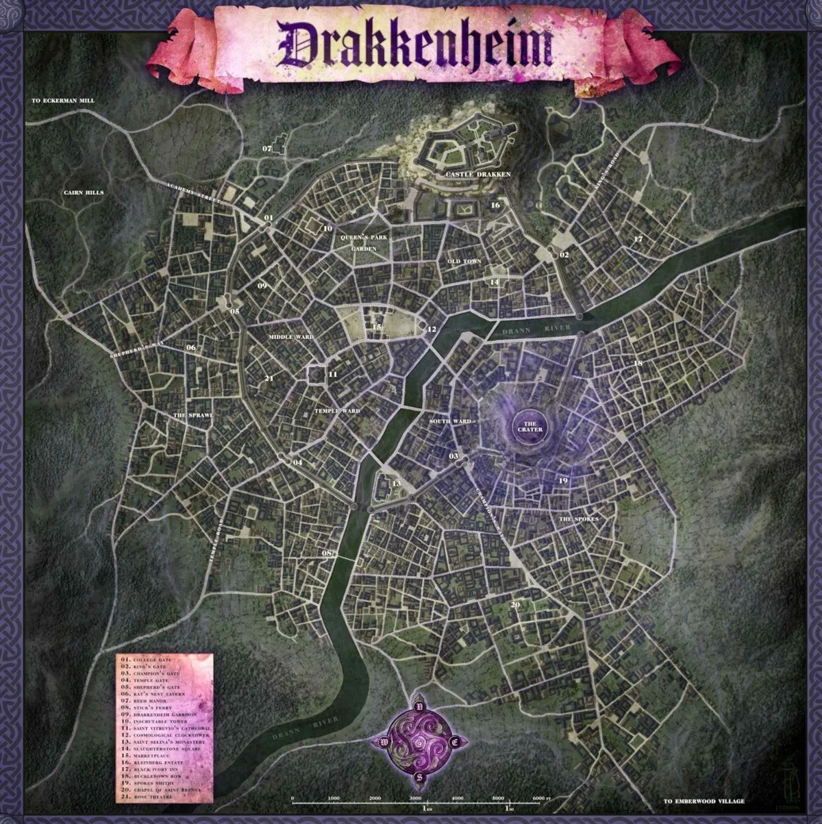 Map of the ruined city of Drakkenheim, with the crater at its heart